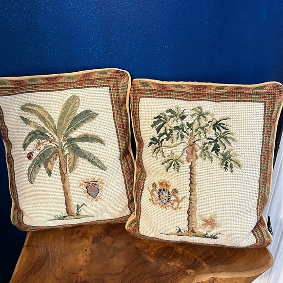Two’s Company Set of  2 Needlepoint Palm Tree Design & Heraldic Crest Pillows - Picture 1 of 8